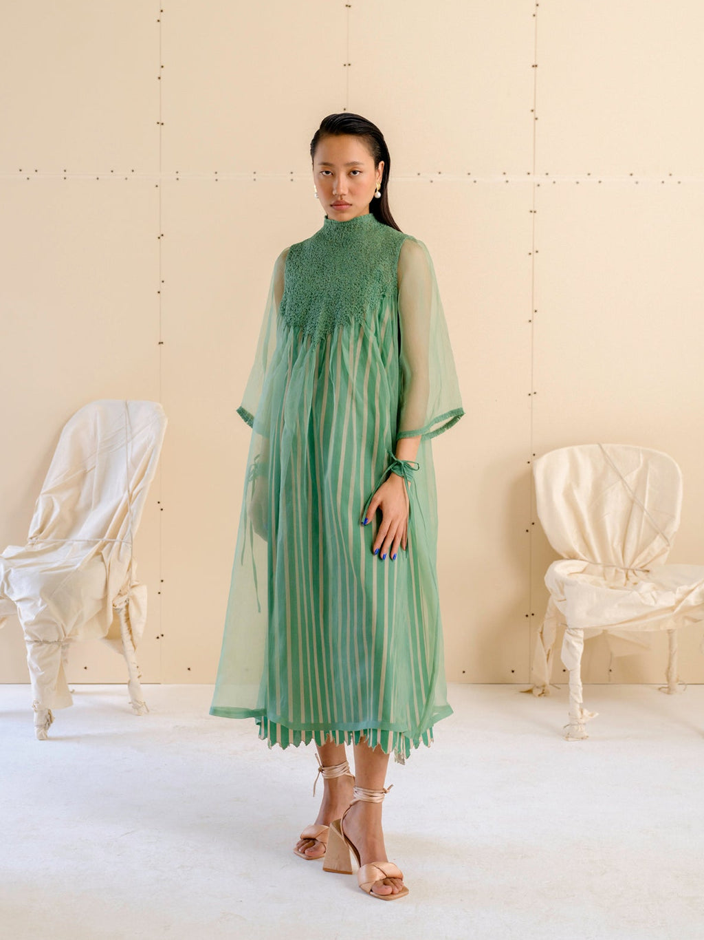 Women's 100% Silk Organza Striped Midi D...