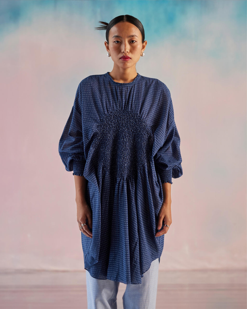 Blue 100% Cotton Tunic with Hand Smockin...