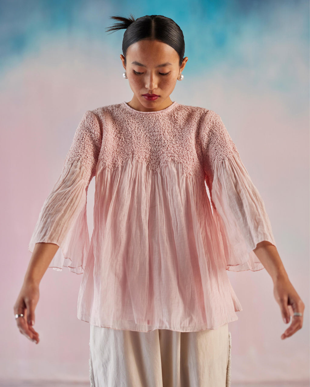 Light Pink Chanderi Silk Top with Smocki...