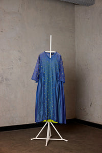 SMOKE BLUE CHANDERI WITH NEON POM POM SIDE GATHERED DRESS WITH INNER (RTS)