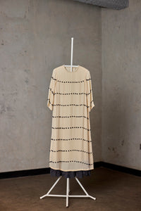 OFF WHITE WITH CHARCOAL POM POM A LINE DRESS WITH SCALLOPED HEM(RTS)